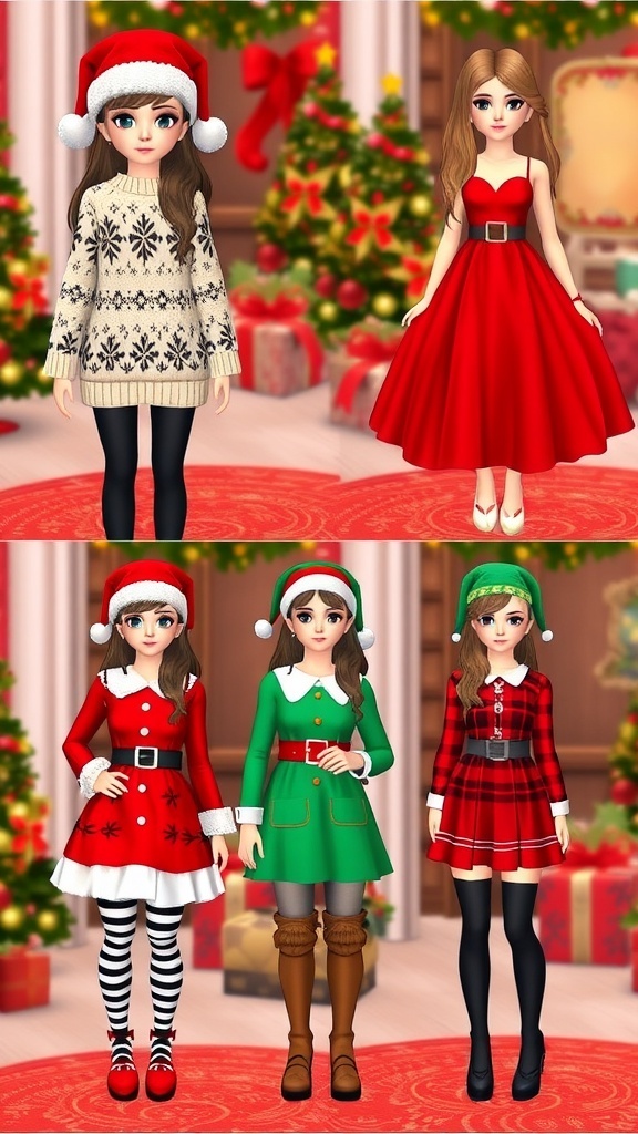 Festive Christmas Outfit Ideas for Everskies A collage of Christmas outfit ideas for Everskies avatars, featuring a cozy sweater, elegant dress, elf costume, and holiday party outfit.